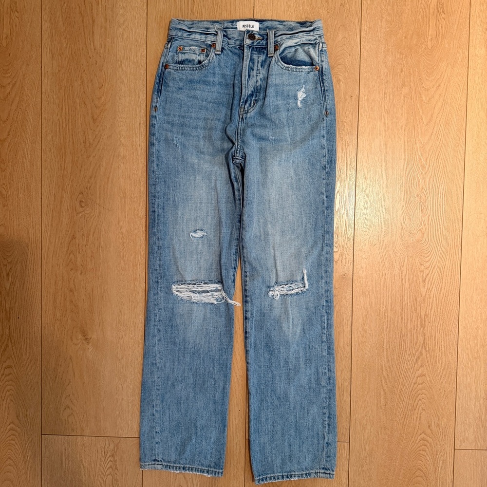 Pistola Light Blue Distressed lightweight Straight leg High Rise Jeans size 25 - Picture 4 of 12